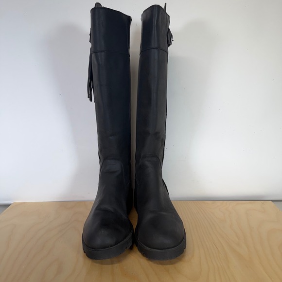 Volatile Leather Riding Boots Knee High Lug Sole Zipper Buckle Tassel Black - Picture 4 of 14